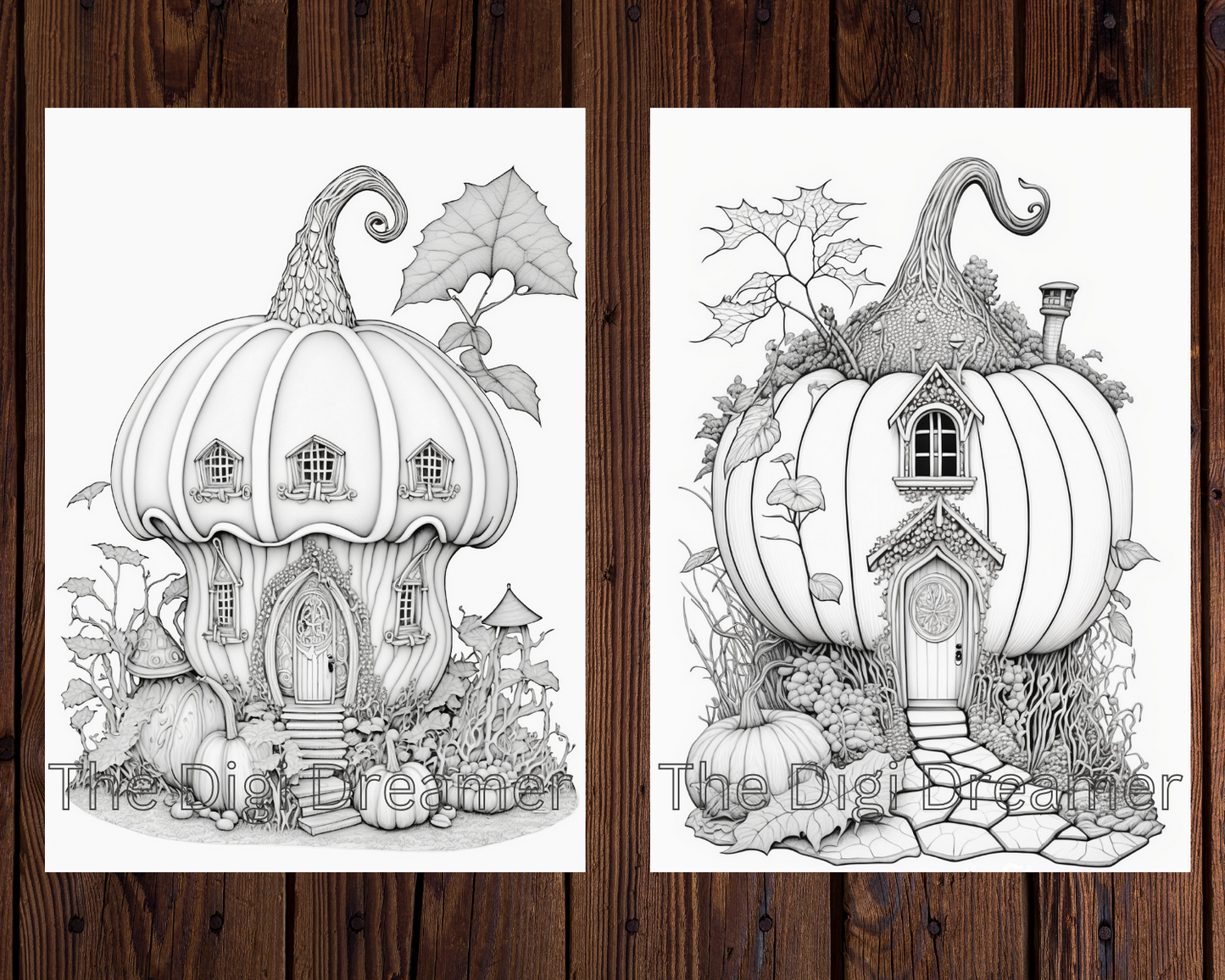 Whimsical Pumpkin Houses - Grayscale Printable Coloring Pages for Adults