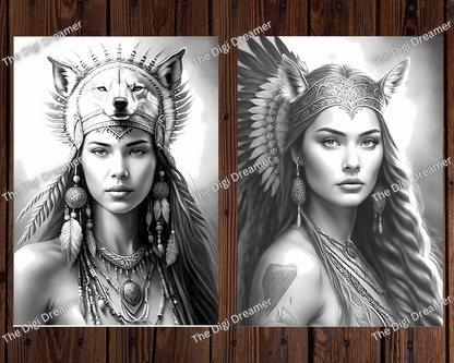 Boho Native American Women Grayscale Coloring Pages