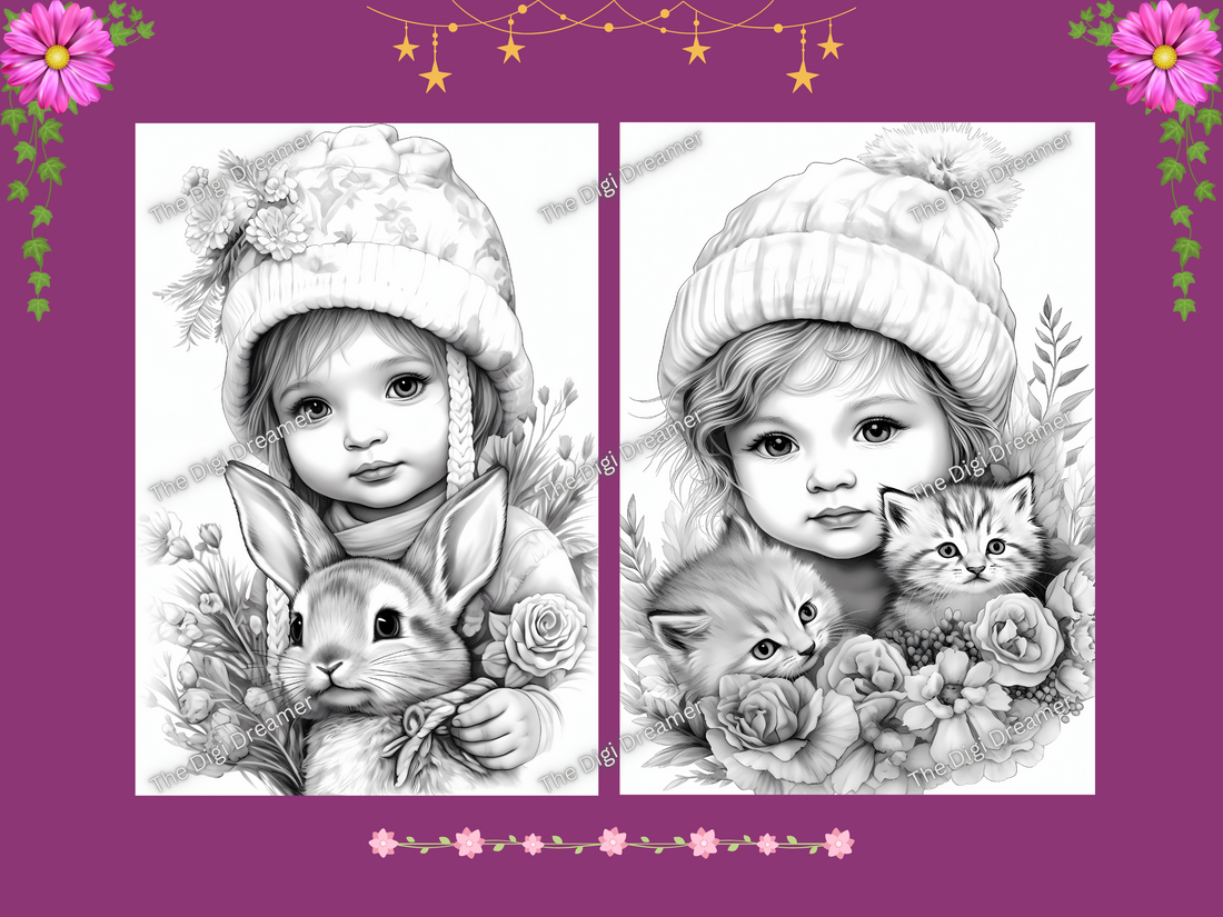 Adorable Babies With Their Pets Grayscale Coloring Pages For Adults & Kids