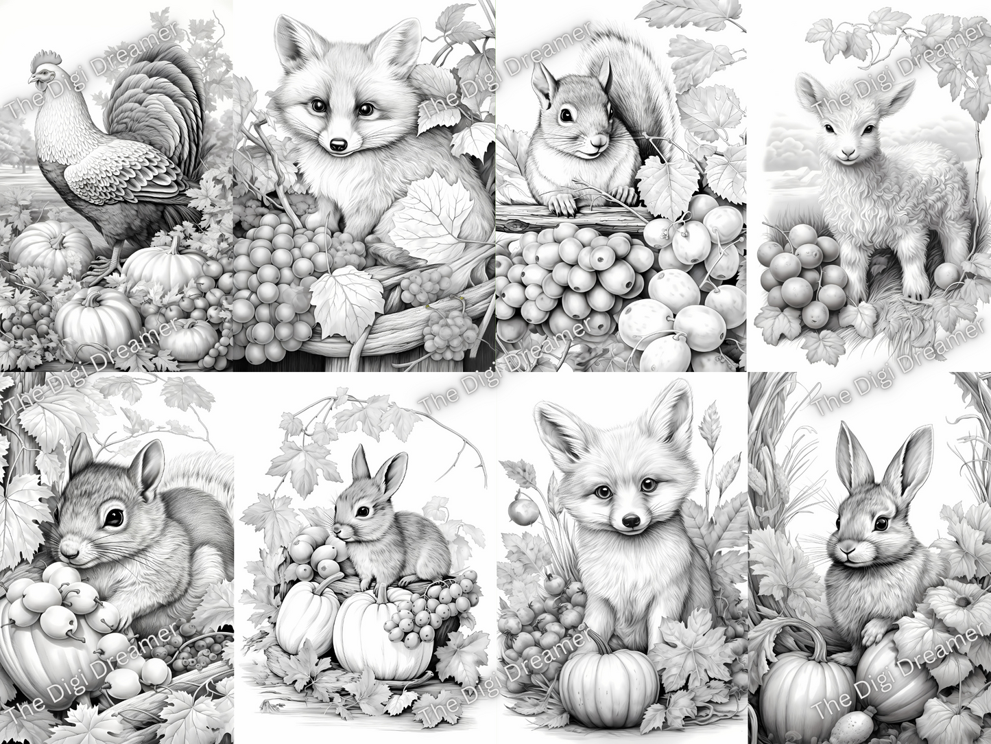 Fall Animals Set2-Printable Grayscale Coloring Pages, Digital download