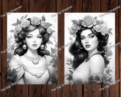 Flower Queens Grayscale Coloring Pages For Adults