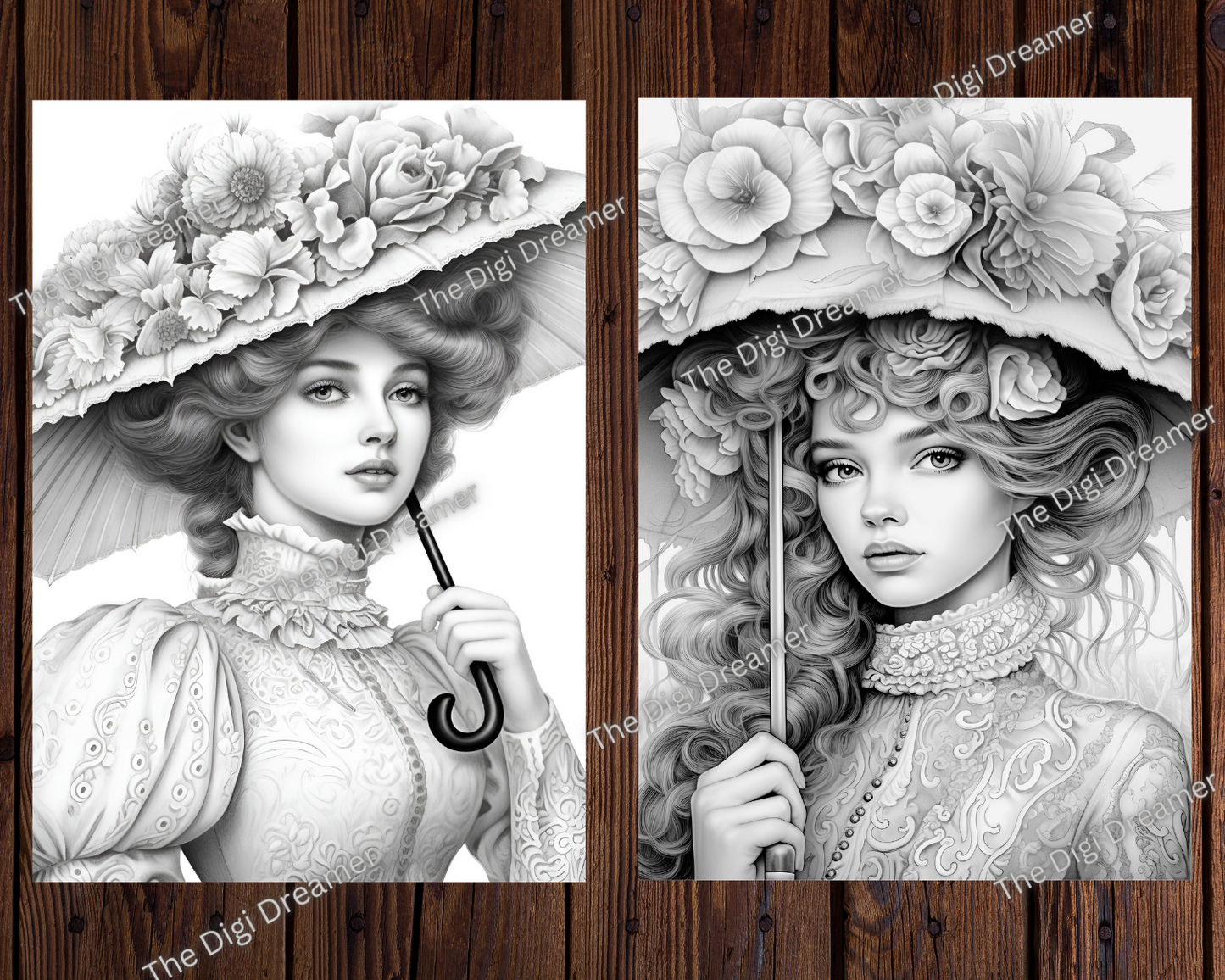 Beautiful Vintage Umbrella Girls Grayscale Coloring Pages