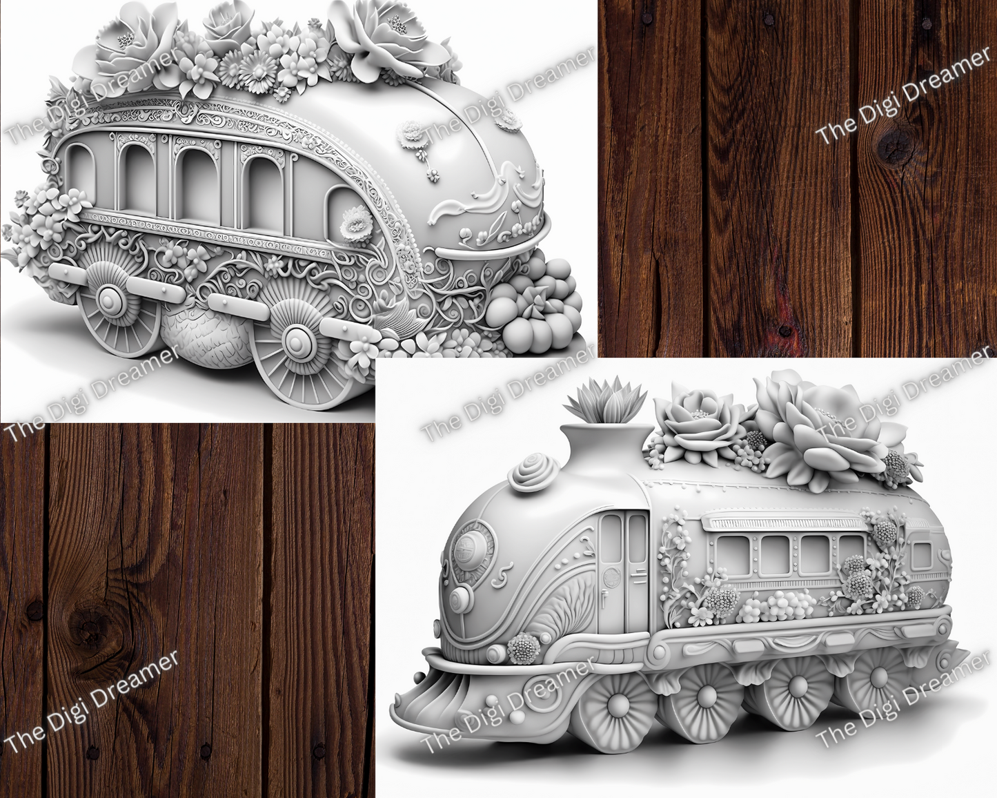 Fantasy Trains Grayscale Coloring Pages