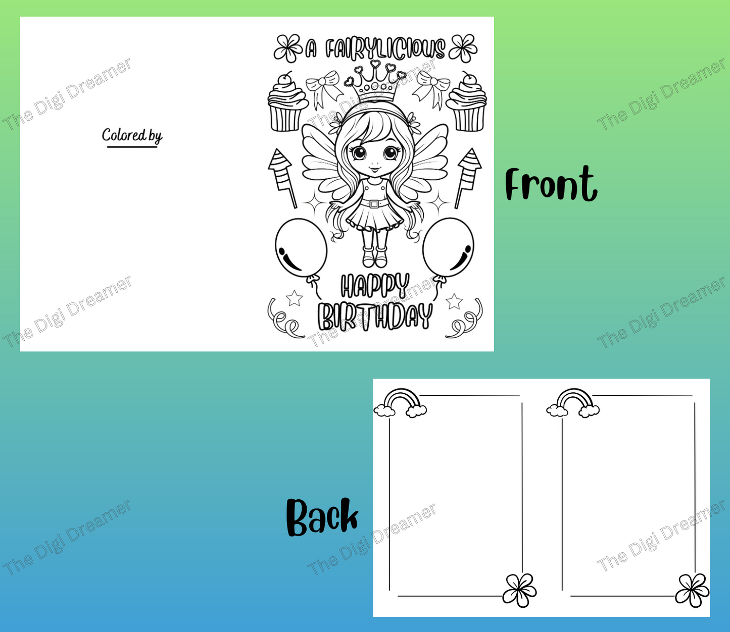 Printable Fairy Coloring Birthday Greeting Card For Kids, DIY Birthday Gift