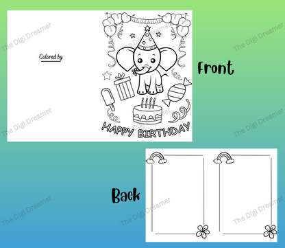 Printable Elephant Coloring Birthday Greeting Card For Kids, DIY Birthday Gift