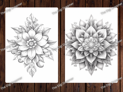 Mandala Flowers and Butterflies Grayscale Printable Coloring Pages