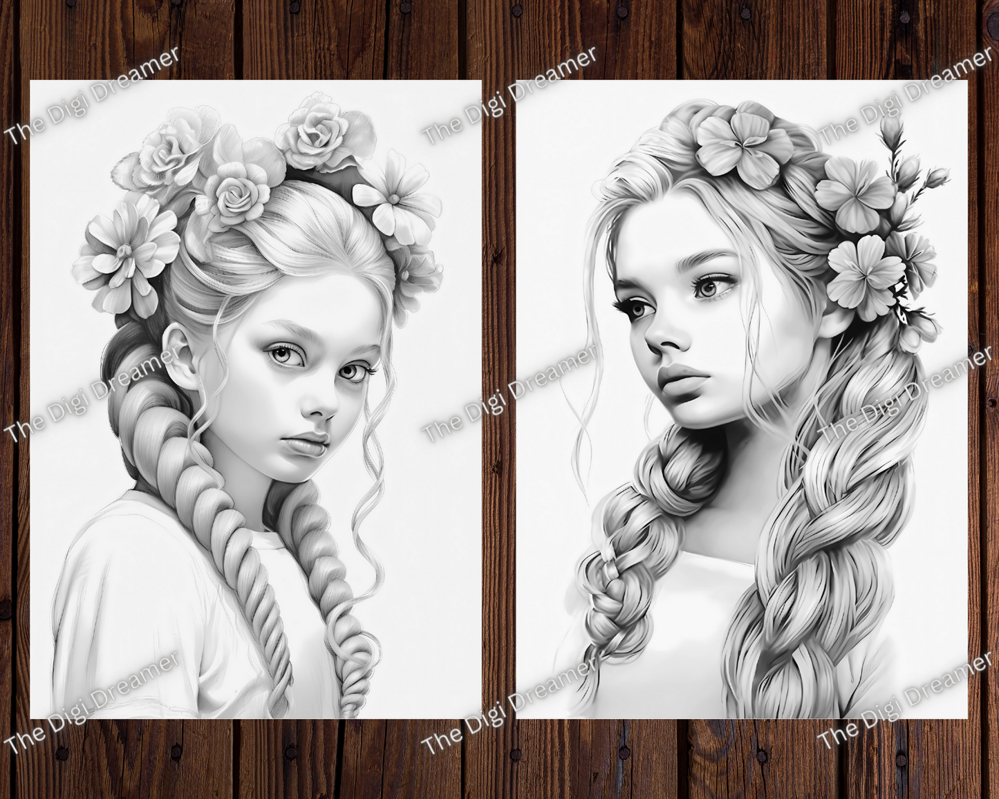 Serene Flower Braid Girls Grayscale Coloring Pages for Adults & Kids