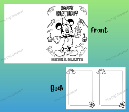 Printable Mickey Mouse Coloring  Birthday Greeting Card, DIY Birthday Gift