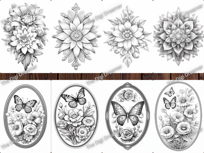 Mandala Flowers and Butterflies Grayscale Printable Coloring Pages