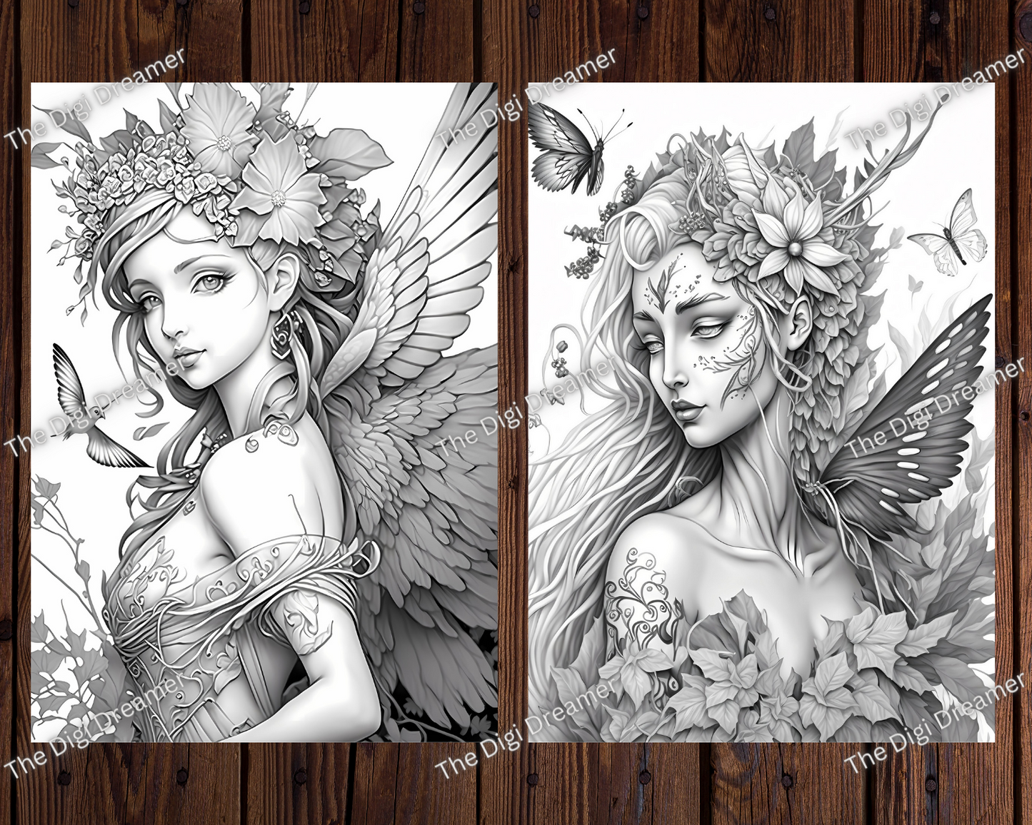 Enchanting Fantasy Forest Fairies Grayscale Printable Coloring Pages for Adults