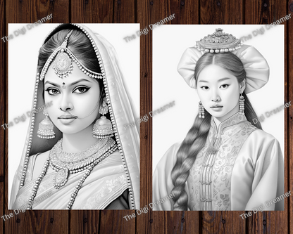 Cultural Brides Around The World Grayscale Printable Coloring Pages
