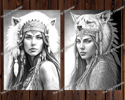 Boho Native American Women Grayscale Coloring Pages