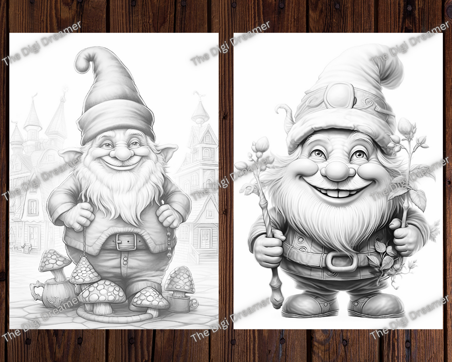Joyful Happy Gnomes Grayscale Coloring Pages