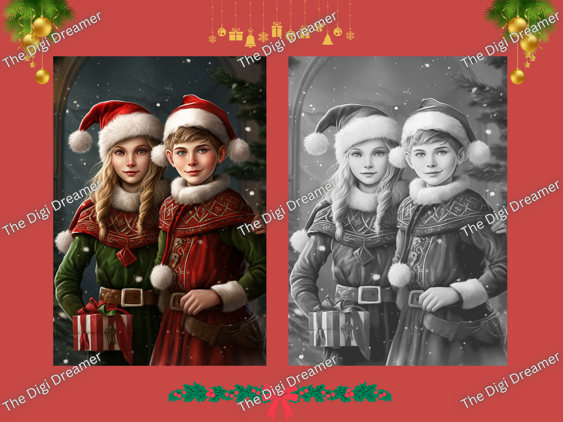 40 Christmas Elves Set 1-Printable Grayscale Coloring Pages, Digital download