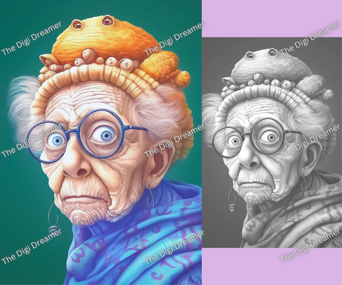 Böse Oma – Ausmalbilder in Graustufen zum Ausdrucken, digitaler Download