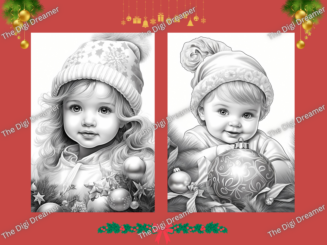 50 Christmas Babies Set 2-Printable Grayscale Coloring Pages, Digital download