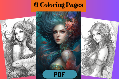 Fantasy Mermaids Grayscale Printable Coloring Pages for Adults