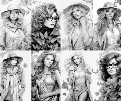 Fall Fashion - Printable Grayscale Coloring Pages, Digital download