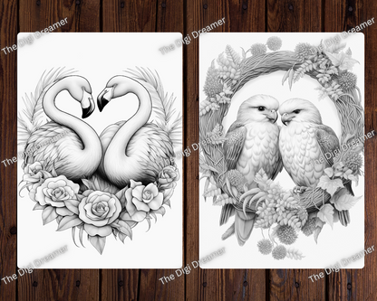 Lovey Dovey Birds Grayscale Coloring Pages