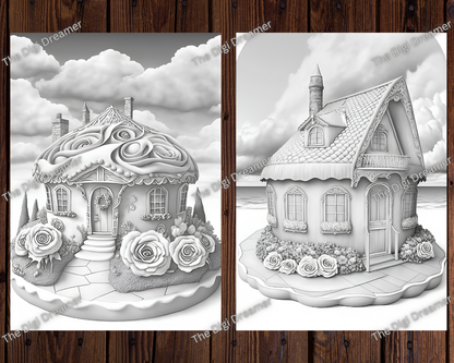 Magical Rose Garden Houses Grayscale Printable Coloring Pages For Adults