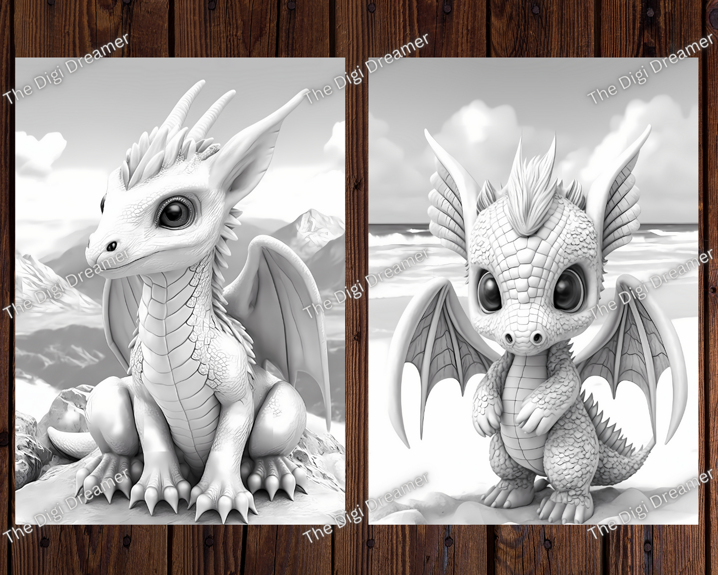 Fantasy Dragons In Beautiful Landscapes Grayscale Printable Coloring Pages