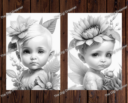 Cute Forest Baby Fairies Grayscale Coloring Pages