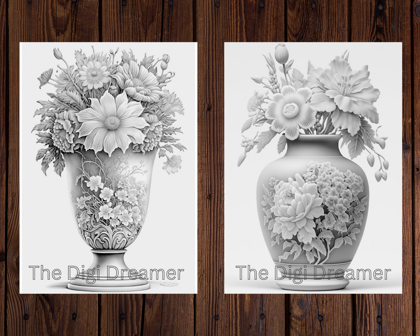 Flower Vase Bouquets Grayscale Printable Coloring Pages For Adults & Kids