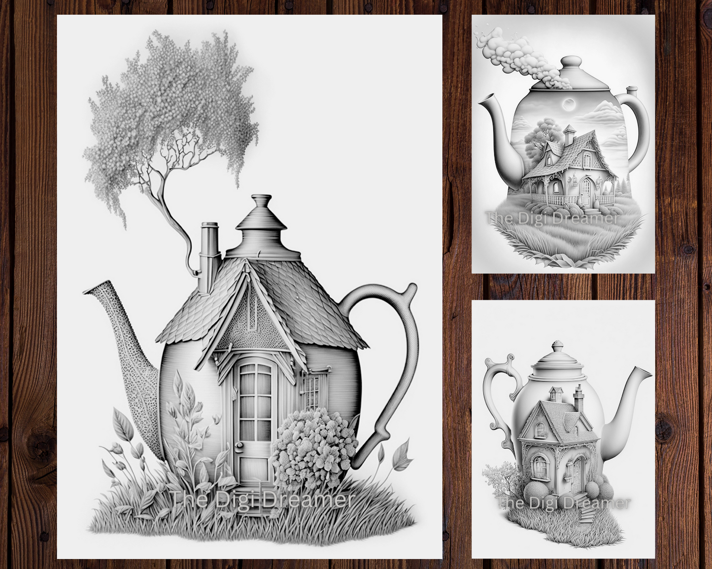 Magical Fairy Garden Kettle Houses Grayscale Printable Coloring Pages