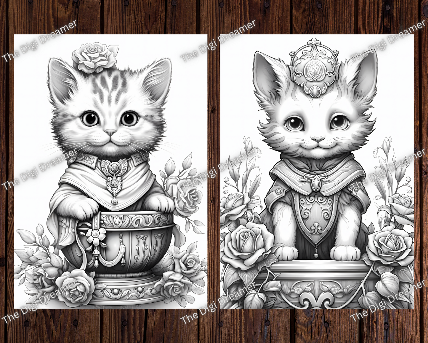 Fantasy Royal Cats Grayscale Coloring Pages