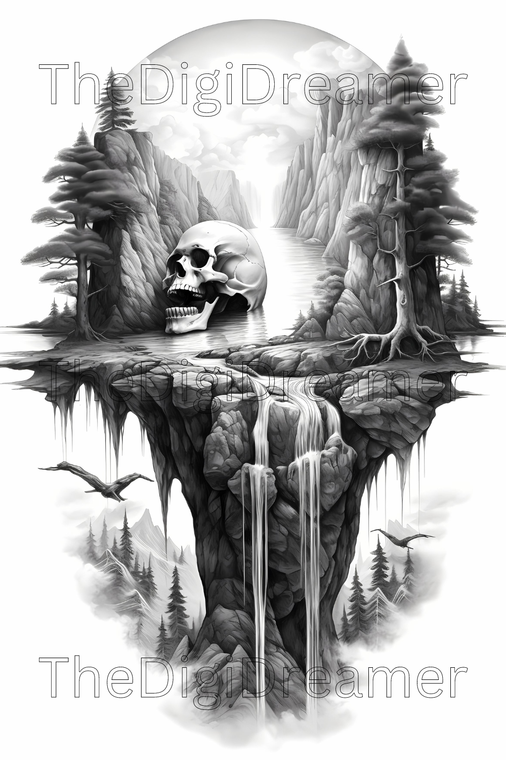 Haunted Landscapes-Grayscale Printable Coloring Pages For Adults & Kids
