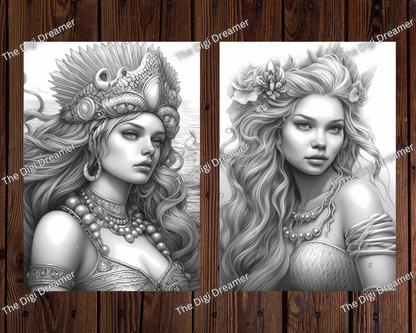 Mermaid Princesses Grayscale Coloring Pages For Adults