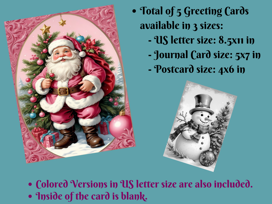 Festive Christmas Coloring Greeting Cards Set 2-Pack of 5, Printable Greeting Cards, Digital Download
