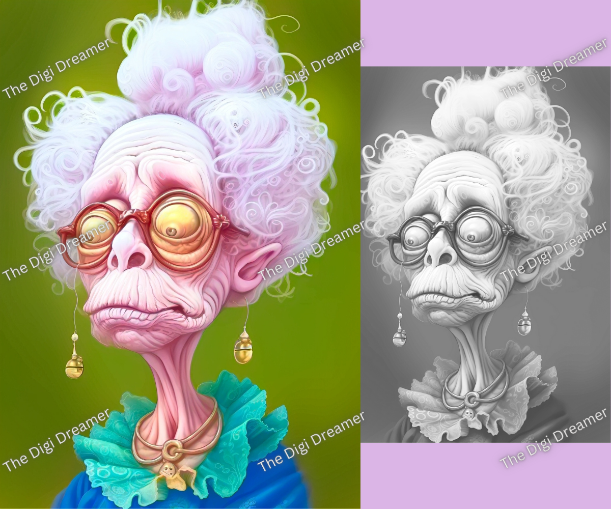 Wicked Granny - Printable Grayscale Coloring Pages, Digital download
