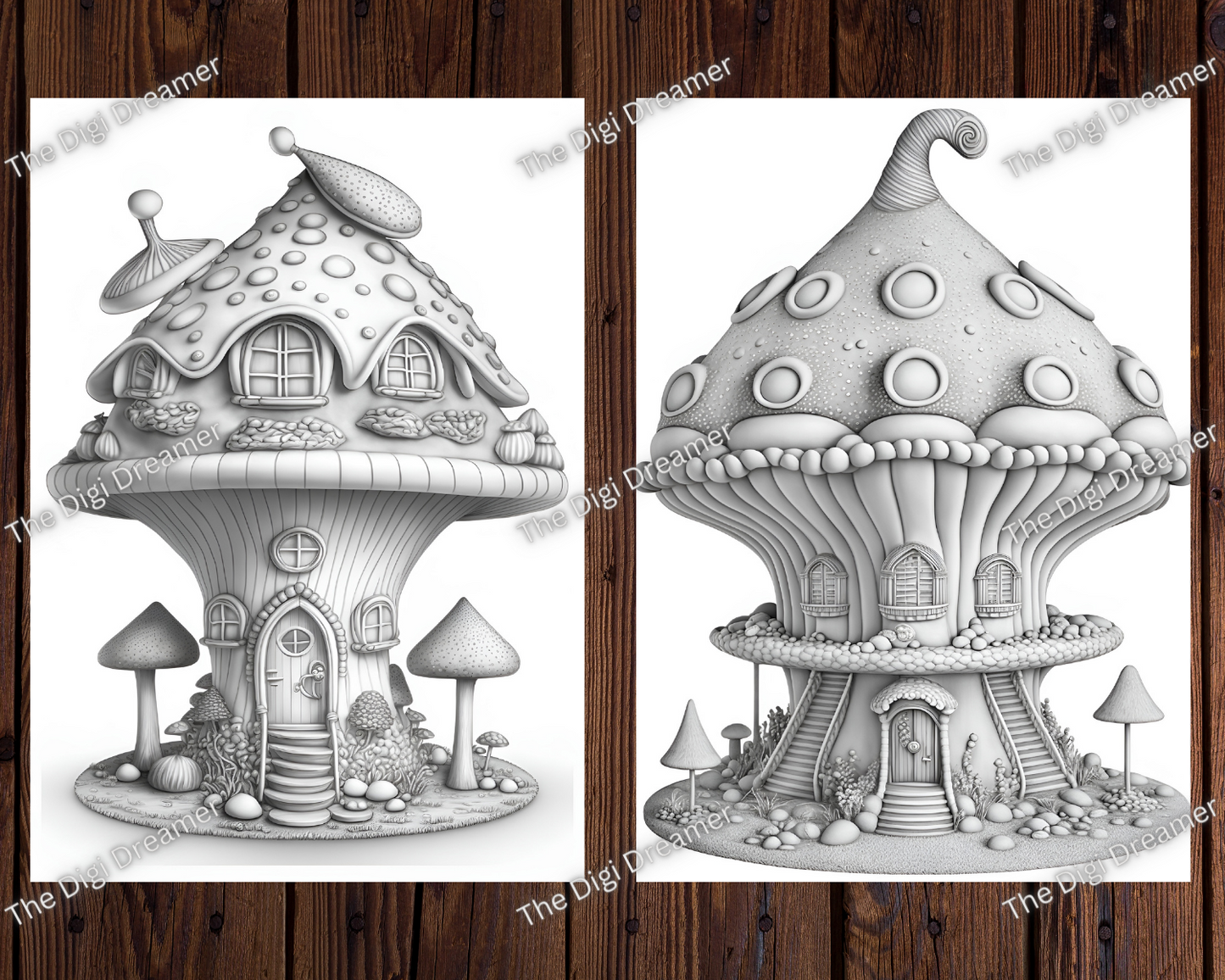 Candy Mushroom Houses Grayscale Coloring Pages For Adults & Kids