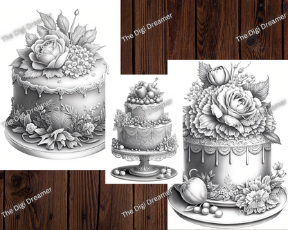 Whimsical Cakes Grayscale Coloring Pages For Adults & Kids Volume 1