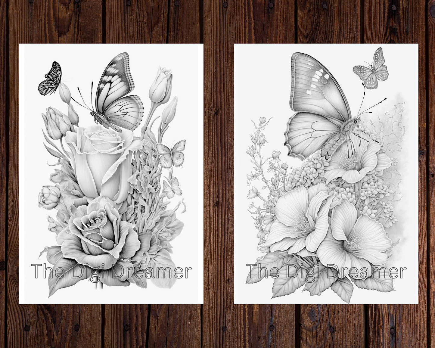 Flowers and Butterflies - Grayscale Printable Coloring Pages For Adults & Kids