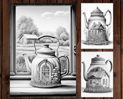 Magical Fairy Garden Kettle Houses Grayscale Printable Coloring Pages