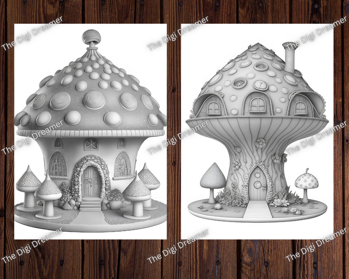 Candy Mushroom Houses Grayscale Coloring Pages For Adults & Kids