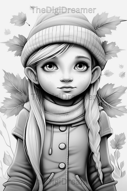 Fall Gnome Girls-Printable Grayscale Coloring Pages, Digital download