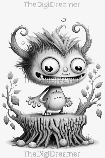Funny Halloween Monsters-Grayscale Printable Coloring Pages For Adults & Kids