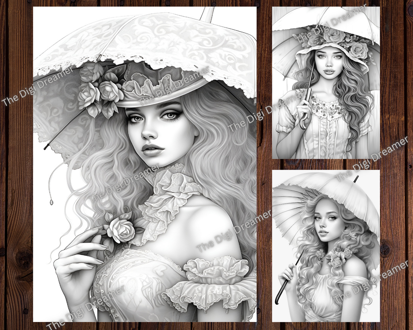 Beautiful Vintage Umbrella Girls Grayscale Coloring Pages
