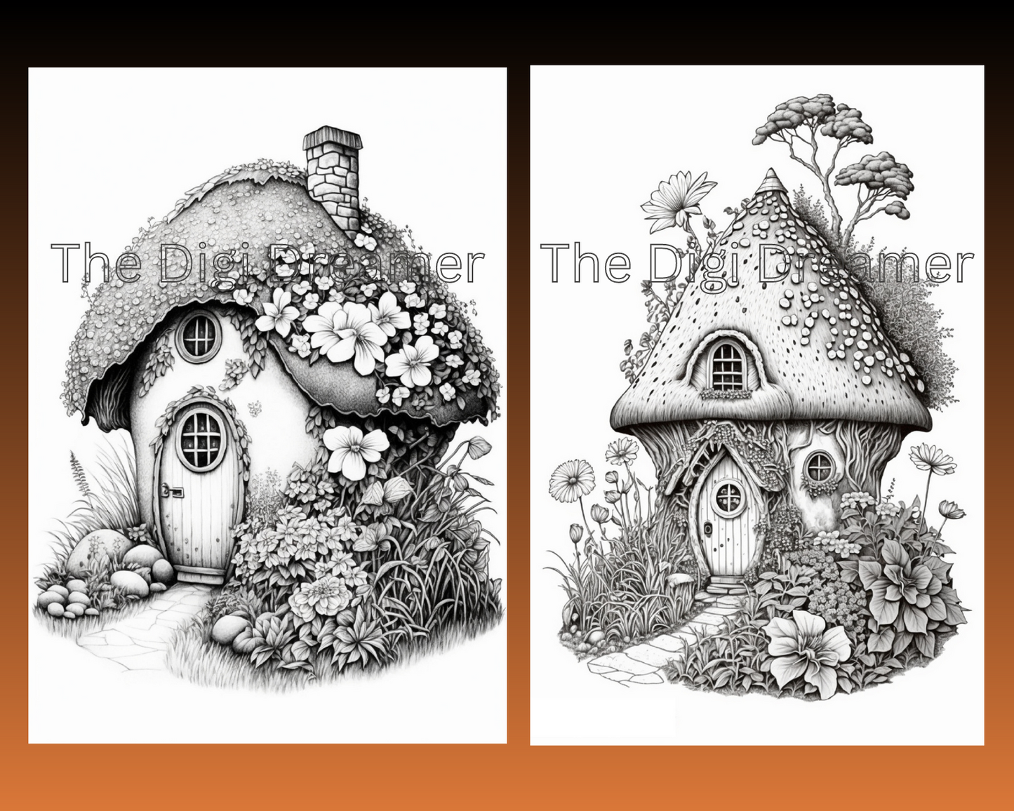 Fantasy Mushroom Hobbit Houses Grayscale Printable Coloring Pages
