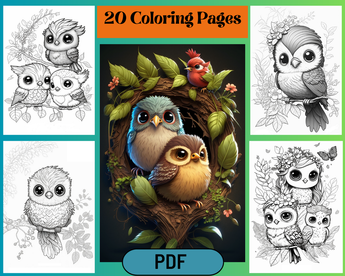 Adorable Cute Chirping Woodland Birds Grayscale Coloring Pages