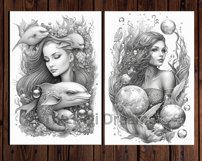 Enchanting Fantasy Mermaids Grayscale Printable Coloring Pages for Adults