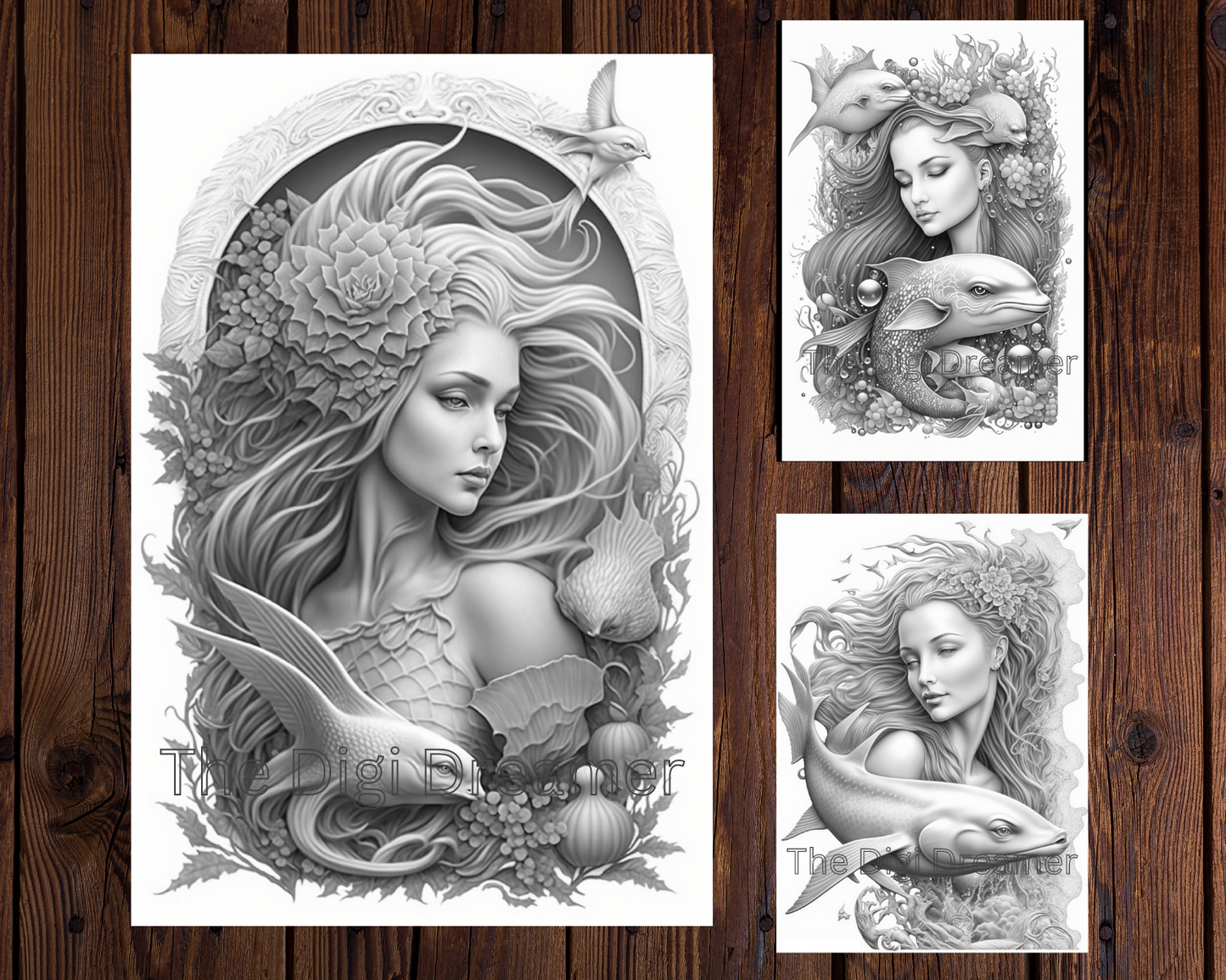 Enchanting Fantasy Mermaids Grayscale Printable Coloring Pages for Adults