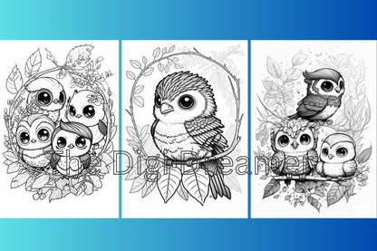 Adorable Cute Chirping Woodland Birds Grayscale Coloring Pages
