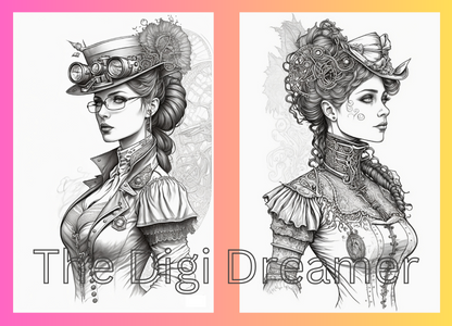 Steampunk Women Grayscale Coloring Pages for Adults
