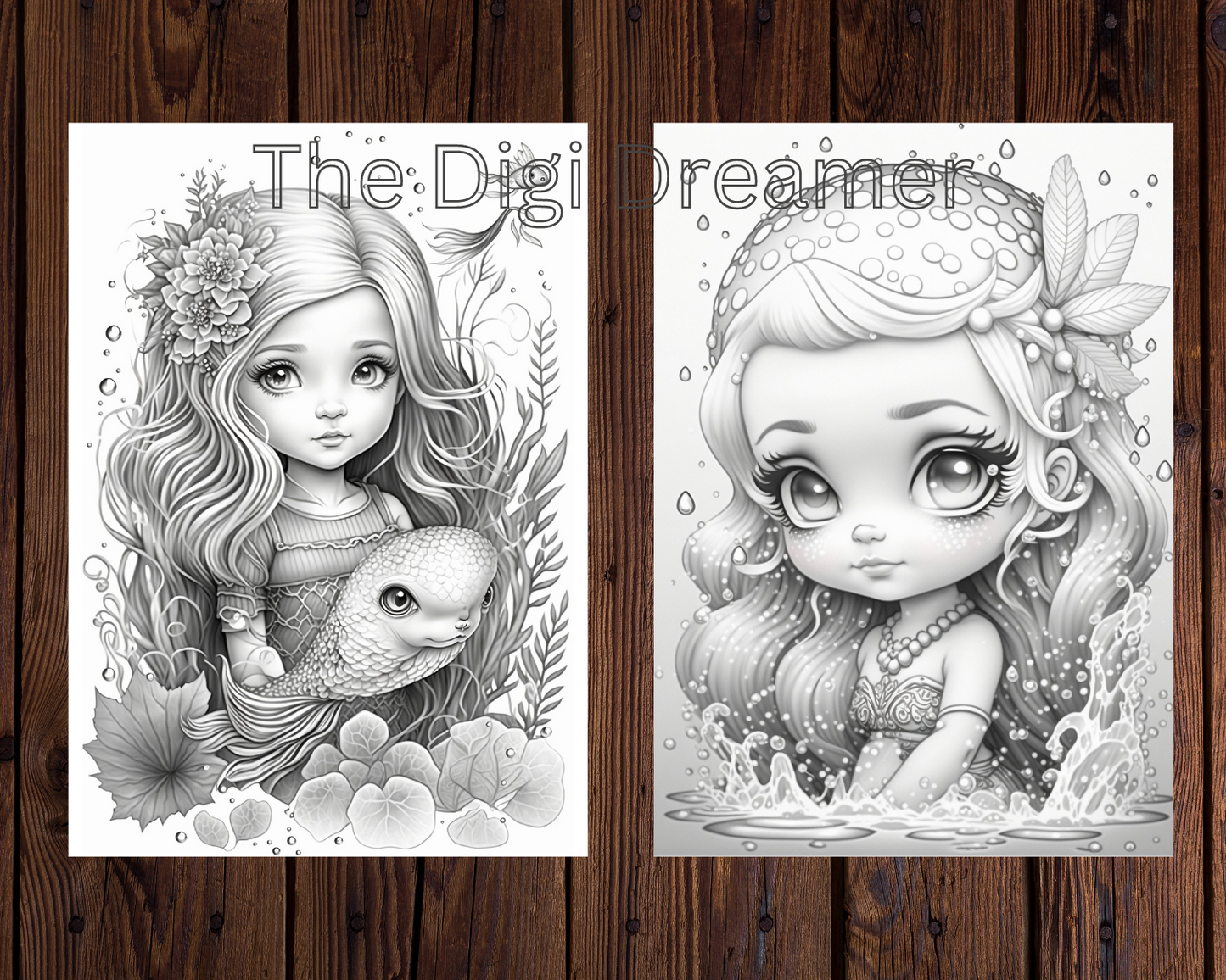 Adorable Cute Little Fantasy Mermaids Grayscale Coloring Pages