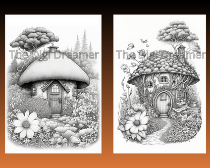Fantasy Mushroom Hobbit Houses Grayscale Printable Coloring Pages