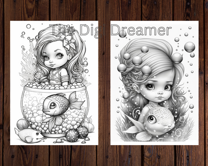 Adorable Cute Little Fantasy Mermaids Grayscale Coloring Pages